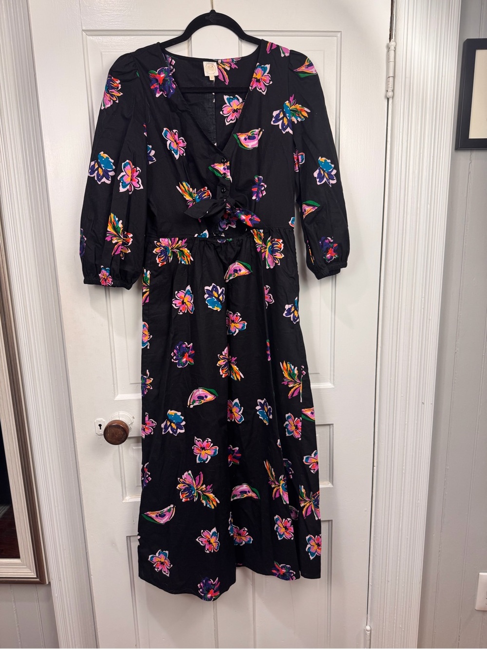 Black Floral Tie-Front Midi Dress